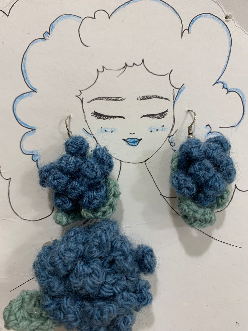 Blue Crochet Earrings & Brooch