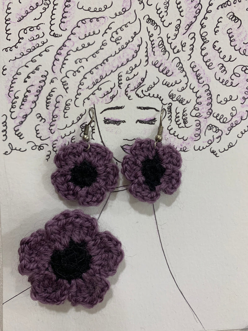 Purple Crochet Earrings & Brooch