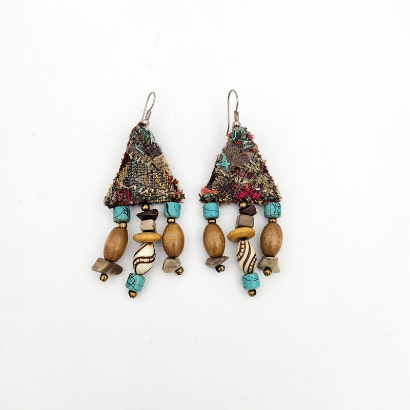 Mixed Media & Fabric Collage Triangular Earrings